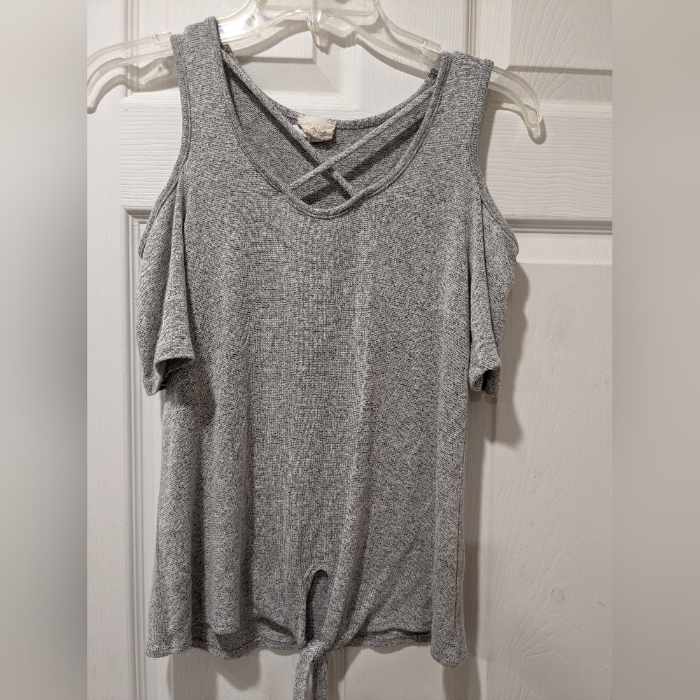 Caution to the Wind Cold Shoulder Criss Cross Tie Front Top